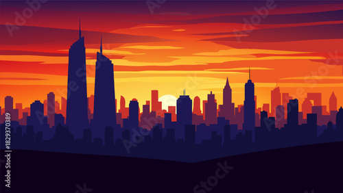 Vibrant sunset illuminating a modern city skyline with towering skyscrapers