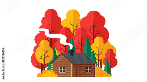 Cozy Cabin in Autumn Forest A Vector Illustration of Nature's Beauty and Serenity