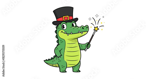 Enchanting alligator magician with a top hat and a sparkling wand casting joyful spells