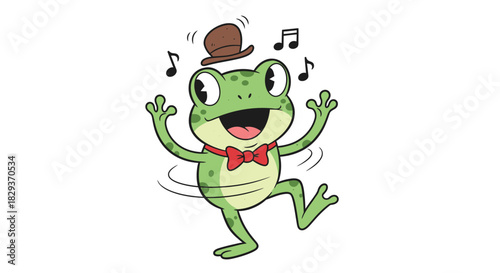 Delightful frog cartoon character with a hat dancing joyfully to musical notes