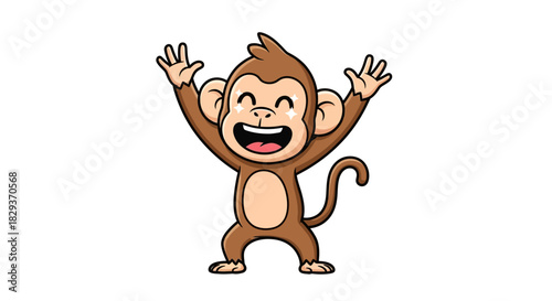 Excited cartoon monkey with sparkling eyes raising its hands in the air smiling broadly