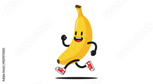 Animated yellow banana character sprinting with joy and enthusiasm on white backdrop