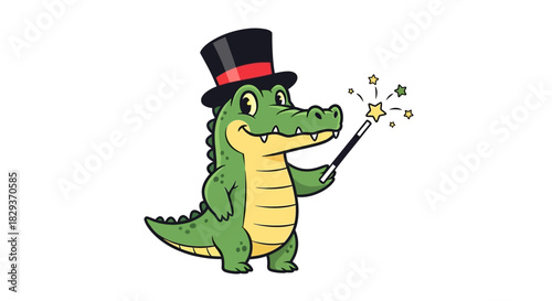 Cartoon alligator magician with top hat performing magic with a wand making stars