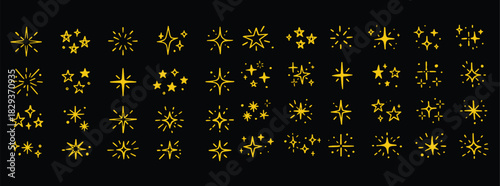 Hand drawn star background element line icon set. Cute gold star shape twinkle glitter spark shine crayon texture brush icon vector art and illustration