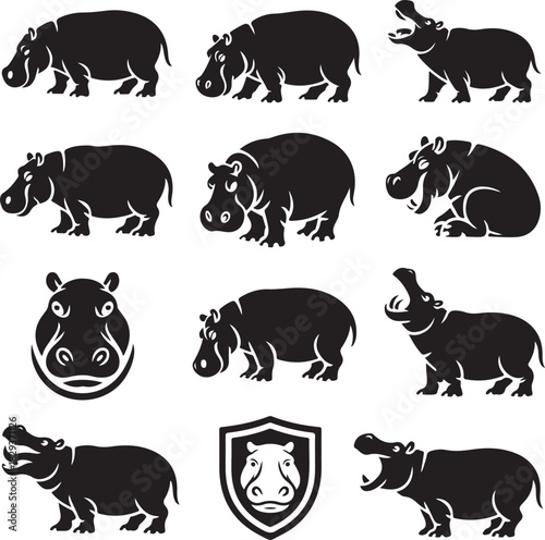 Hippopotamus silhouettes vector illustration set of various hippos poses