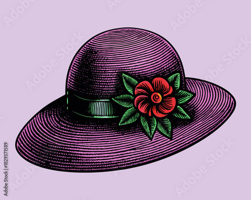 Vintage illustration of a purple straw hat adorned with a red flower and green leaves