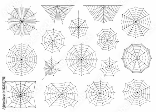Collection of hand drawn spiderwebs in various shapes and sizes