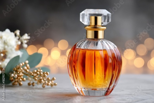 Perfume bottle showcasing luxury fragrance with bokeh