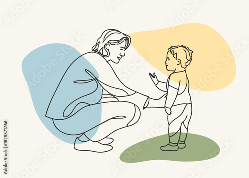 Mother and child in a minimalist line art style with abstract color shapes