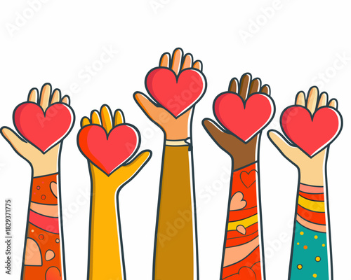 Diverse hands holding red hearts together in unity and love