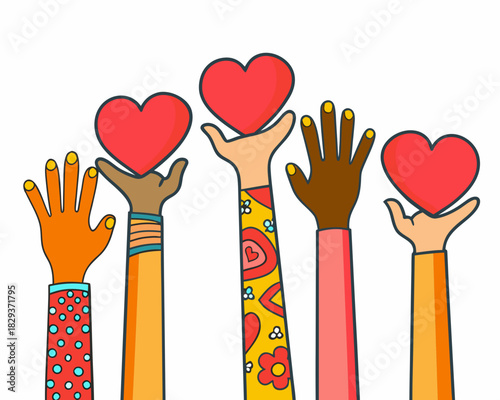 Diverse hands holding hearts symbolizing unity and love