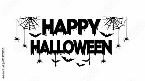 Happy halloween text with dripping effect and spooky decorations