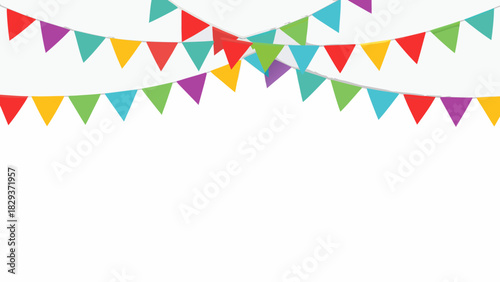 Colorful party bunting flags strung across a white background