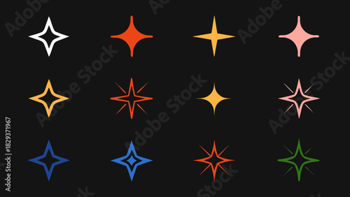 Collection of colorful starburst sparkle icons on black background