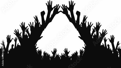 Silhouette of a crowd with hands raised in celebration