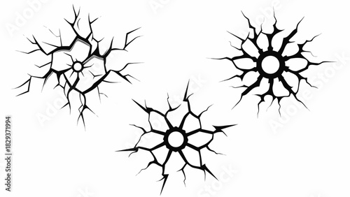 Three black cracked circle designs on white background