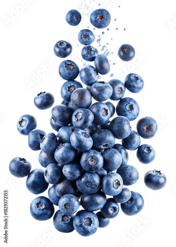 A cascade of fresh blueberries tumbling down isolated on transparent background