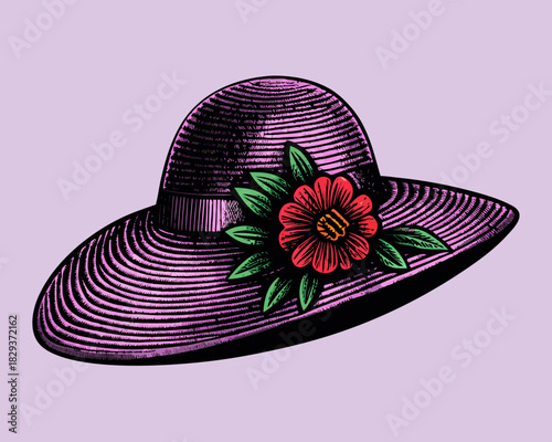 Vintage style wide brim hat decorated with a red flower and green leaves