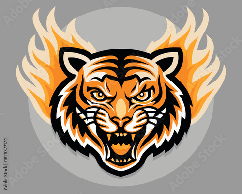 Fierce tiger head with flames illustration