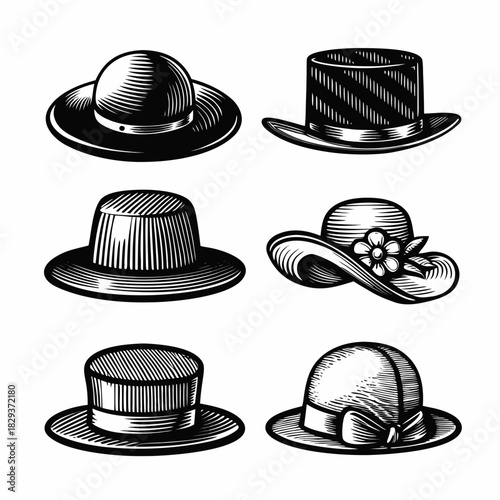 Vintage hat collection engraving style illustrations