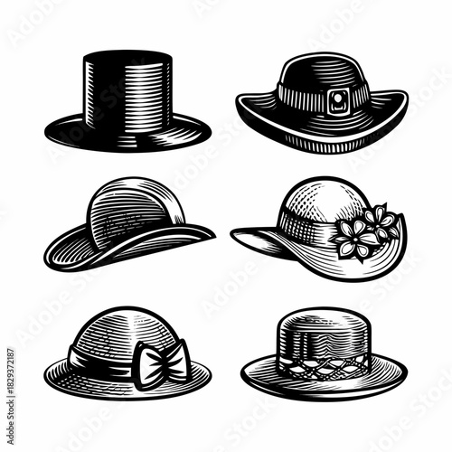 Collection of six vintage style hats in black and white engraving style