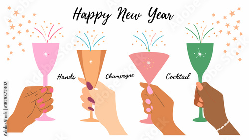 Happy new year celebration with diverse hands holding festive drinks