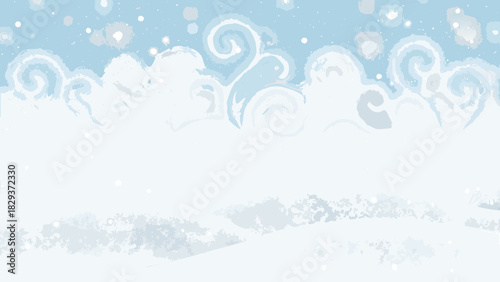 Abstract winter snowfall background with swirling clouds and snowflakes