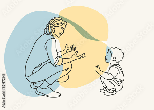 Woman and child interacting with open hands and expressive gestures