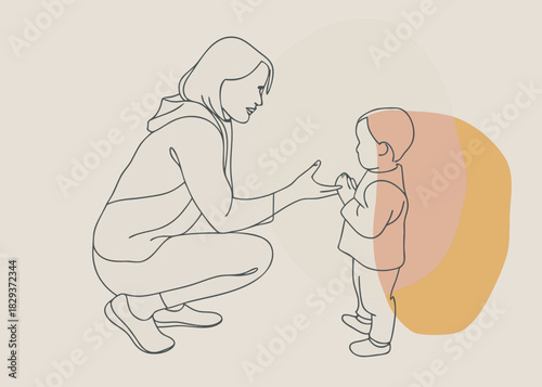 Mother and child interacting with gentle gestures and soft colors