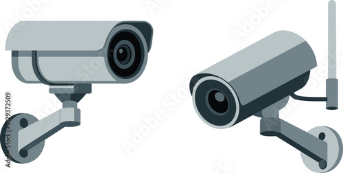 Isometric CCTV security cameras illustration, wired and wireless surveillance devices, modern monitoring equipment graphic, digital safety system design for protection