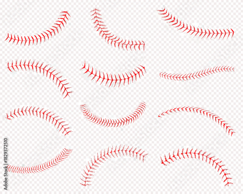 Collection of red baseball stitching elements on transparent background