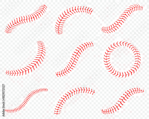 Collection of red baseball stitching elements on transparent background