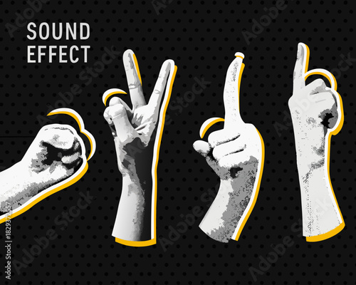 Four hands making different gestures and showing numbers on a black background