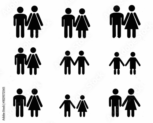 Collection of stick figure couples holding hands in various combinations