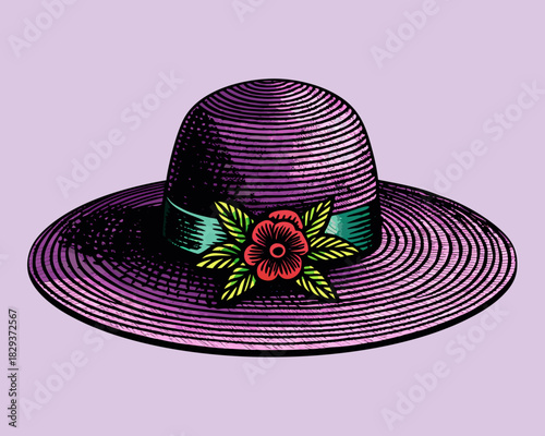 Vintage purple wide brim hat decorated with red flower and green ribbon