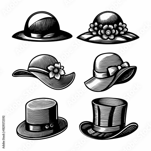 Collection of vintage hats in black and white engraving style