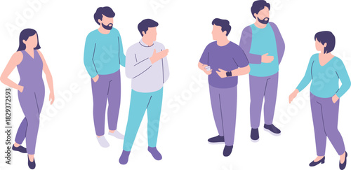 Isometric group of people illustration, diverse characters standing and talking, social interaction graphic, teamwork communication concept, modern flat style design