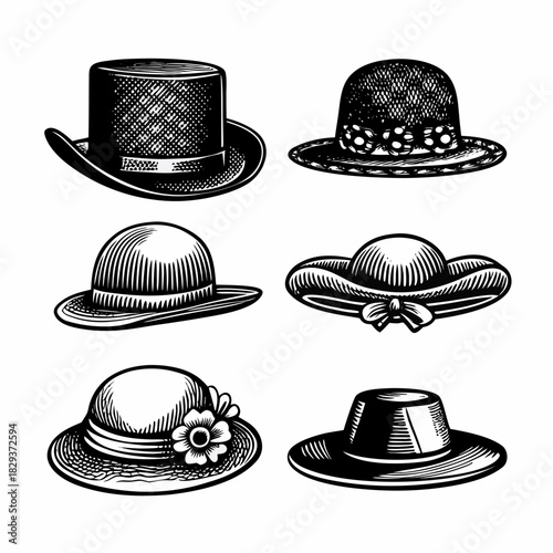 Collection of vintage hats in black and white illustration style