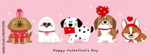 Happy Valentine's day greeting card with cute puppy dog and heart. Pet animal in love holidays cartoon character collection. -Vector