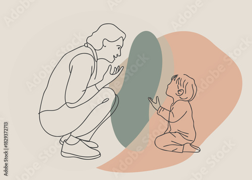 Mother and child interacting with open hands in a minimalist line art style