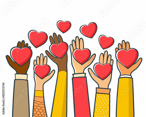 Diverse hands holding red hearts symbolizing love and unity