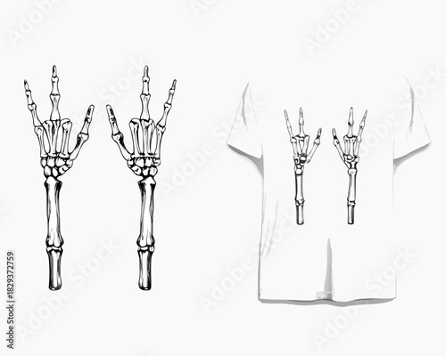 Skeleton hands rock on gesture and t shirt mockup