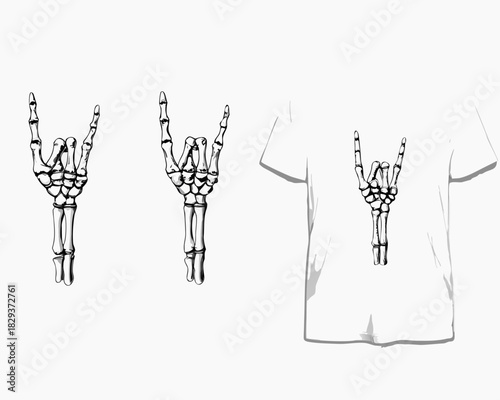 Skeleton hand rock on gesture illustration and t shirt mockup