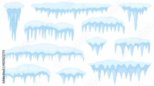 Collection of cartoon icicles and snow formations on white background