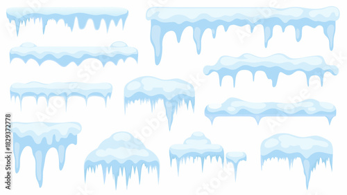 Collection of cartoon style snow and icicle elements