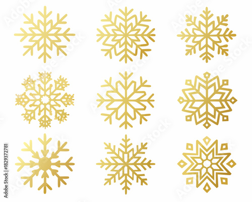 Collection of nine golden snowflake icons on a white background