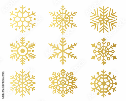 Collection of nine unique golden snowflake icons on a white background