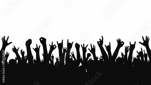 Silhouette of a cheering crowd with hands raised in the air at a concert