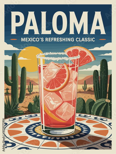 Retro Paloma cocktail poster in highball glass with grapefruit soda, ice, salted rim, and wedge. Rustic Mexican table, desert cacti, sunset, vintage vector travel style