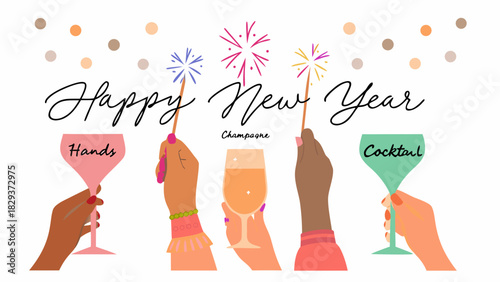 Happy new year celebration with champagne and cocktails